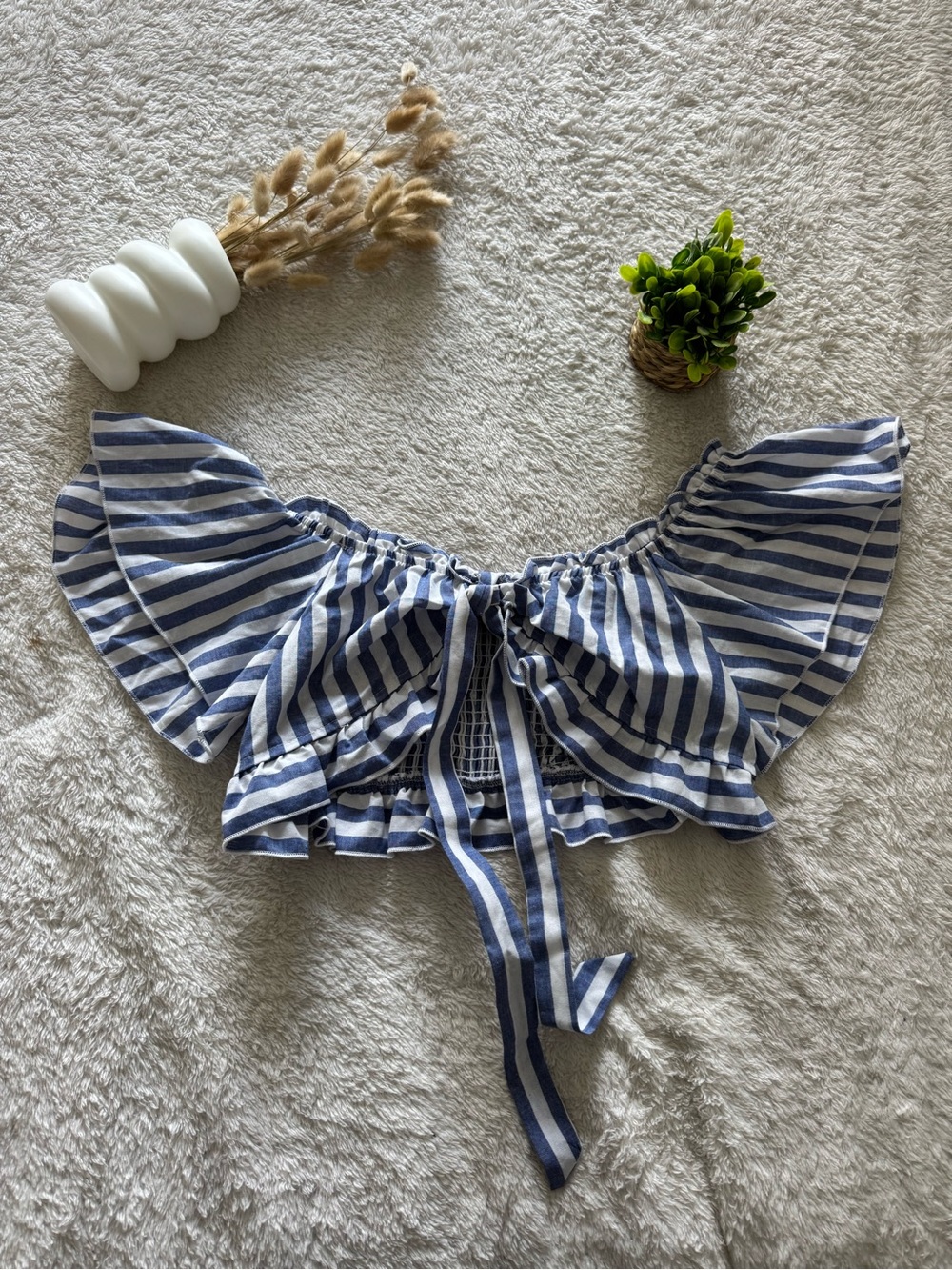 SHEIN Blue and White Striped Off-Shoulder Crop Top